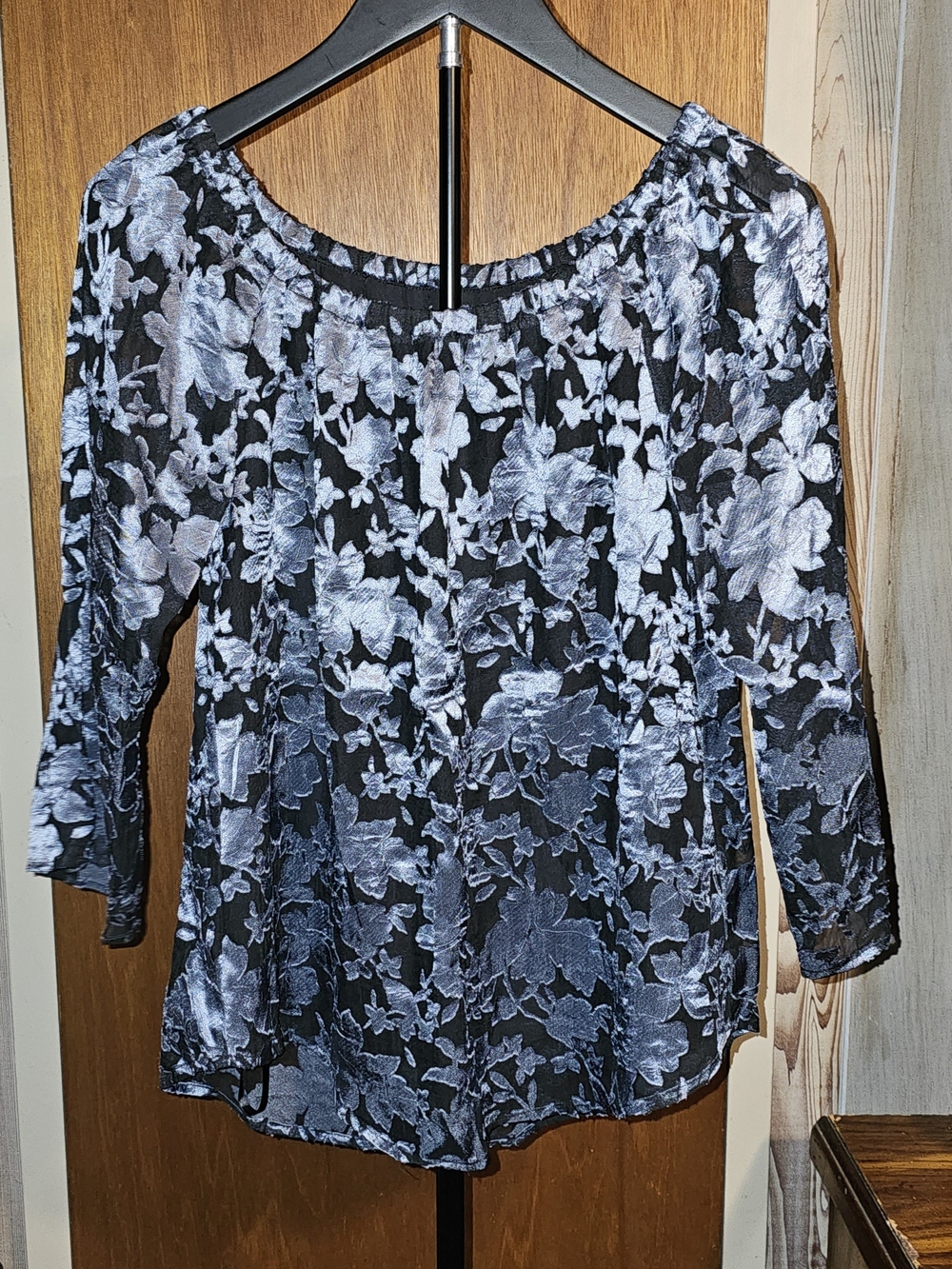 Alfani Black Top with Blue Silver Floral Jacquard